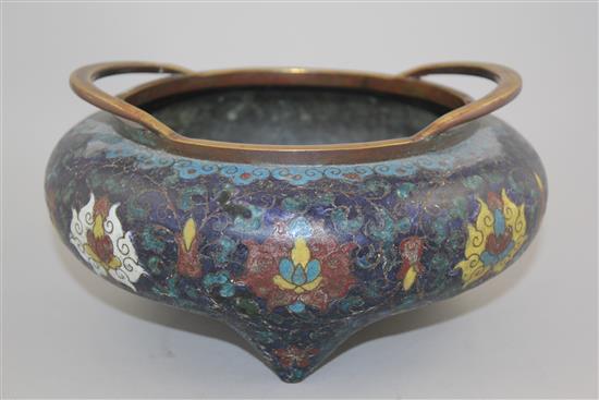 A large Chinese cloisonne enamel tripod censer, 19th century 23.5cm diam., some repairs